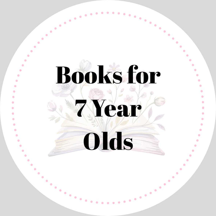 Books for 7 Year olds over top of a floral arrangement and book