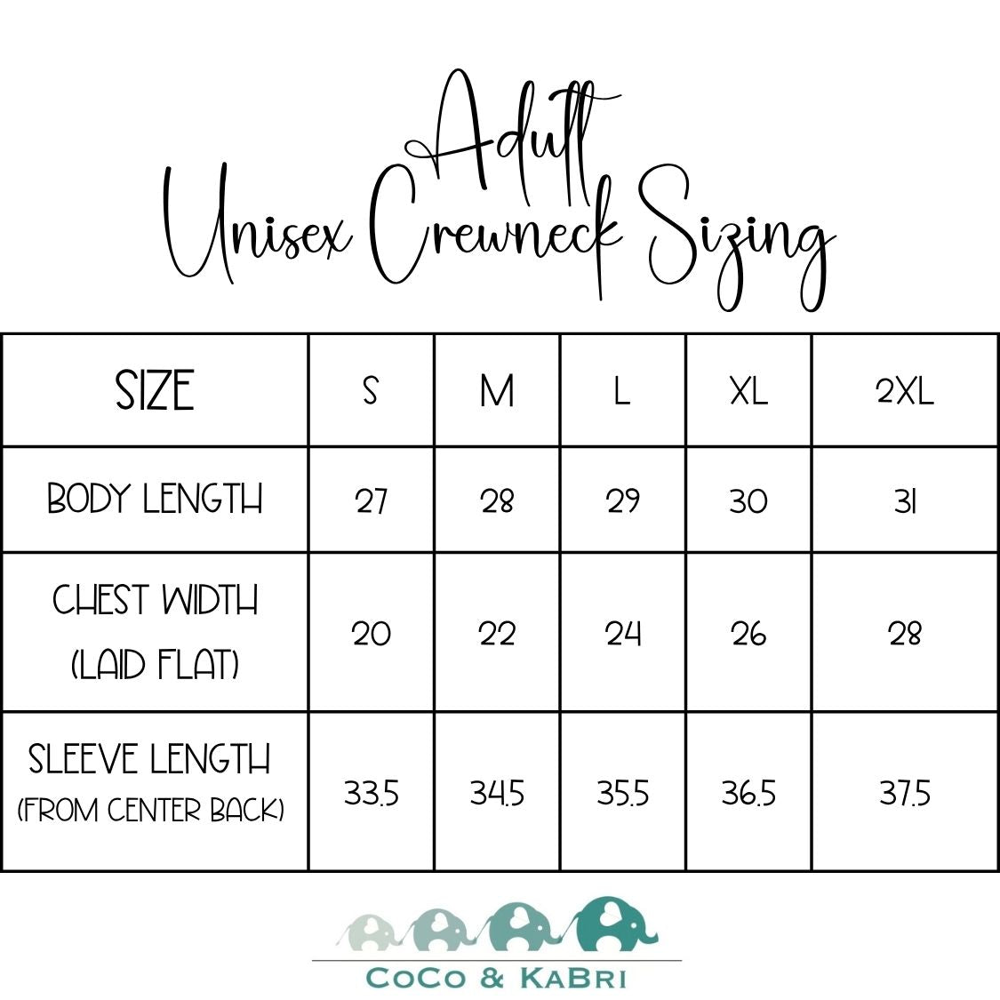 Adult Unisex Crewneck Size Chart