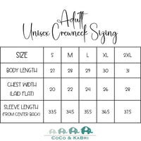 Adult Unisex Crewneck Size Chart