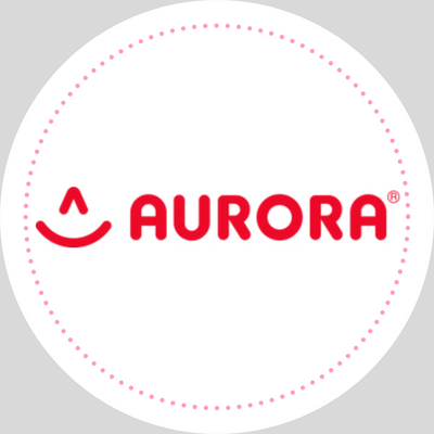 Aurora logo with red text on a white circle against a gray background