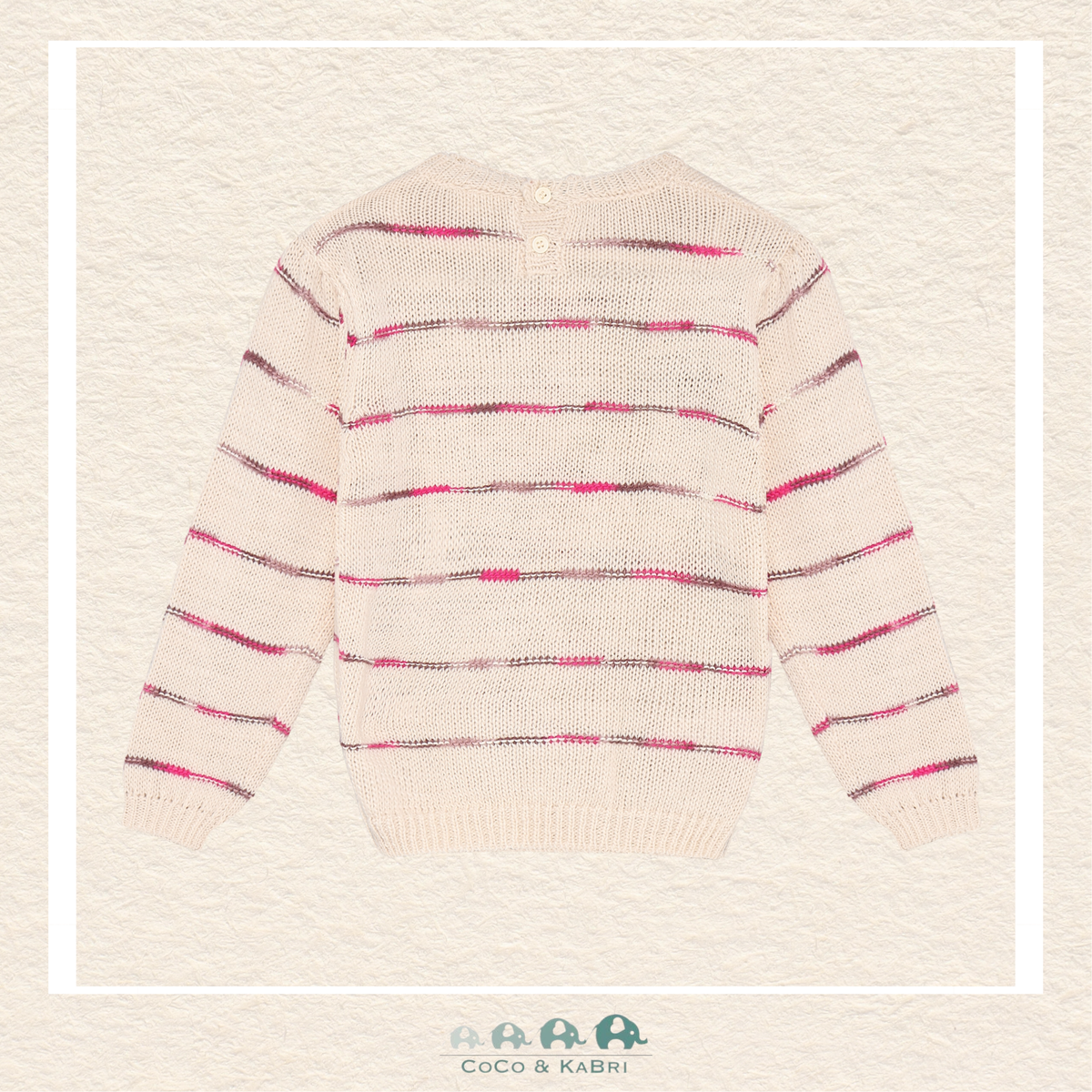 Back view of the pink striped sweater showcasing the consistent pattern alignment and the high-quality knit construction through the shoulders and hem