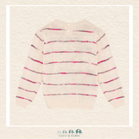 Back view of the pink striped sweater showcasing the consistent pattern alignment and the high-quality knit construction through the shoulders and hem