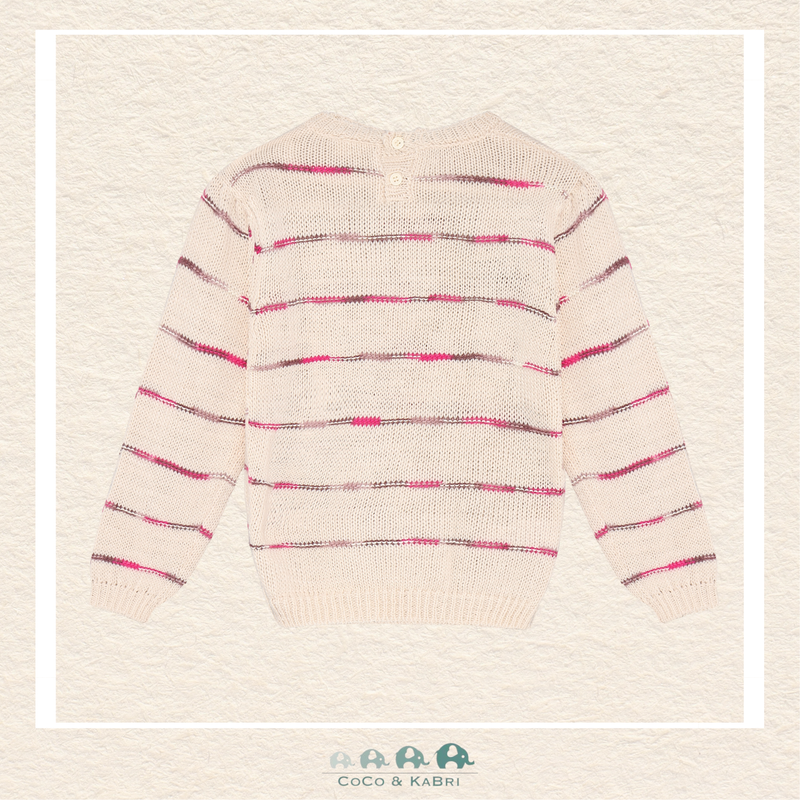 Back view of the pink striped sweater showcasing the consistent pattern alignment and the high-quality knit construction through the shoulders and hem