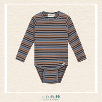 Front view of the Minymo Baby Boy Striped Diaper Shirt featuring a classic horizontal stripe pattern and a comfortable envelope-style neckline