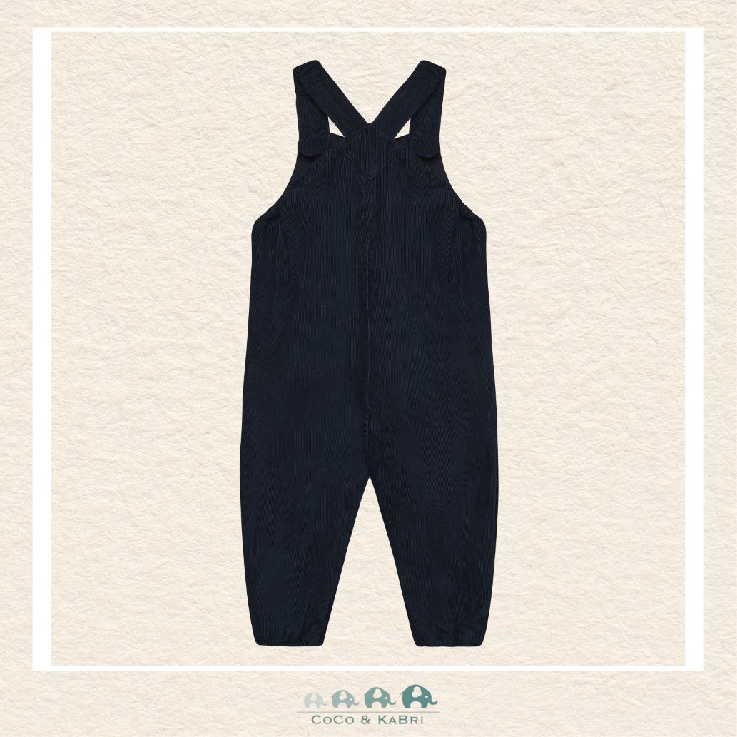 Back view of the Minymo Dark Sapphire Overalls showing the sturdy cross-back strap design and the high-quality 100% cotton-woven construction tailored for infants