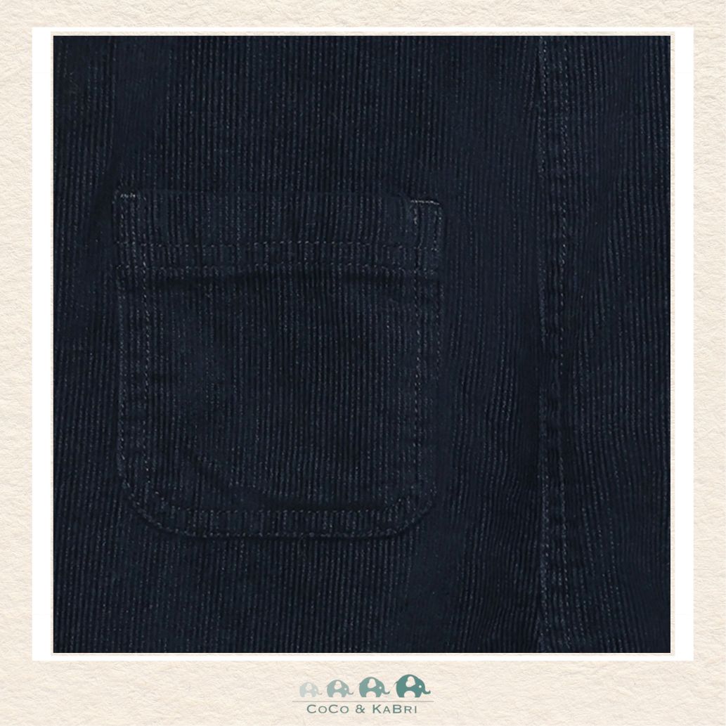 Close-up detail of the Minymo Corduroy Overalls highlighting the rich navy texture of the fine-ribbed fabric and the durable metal hardware on the adjustable straps