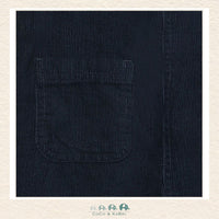 Close-up detail of the Minymo Corduroy Overalls highlighting the rich navy texture of the fine-ribbed fabric and the durable metal hardware on the adjustable straps