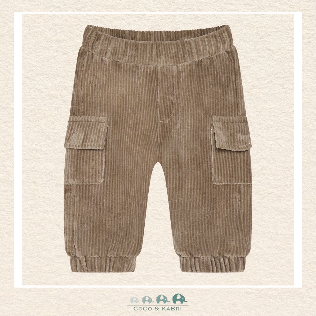 Front view of the Minymo baby boy cargo pants in a plush velour fabric featuring functional side pockets and a comfortable elastic waistband