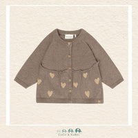 Front view of the Minymo Baby Girl Knit Cardigan in Dark Brown featuring a delicate heart pattern and a classic button-down front