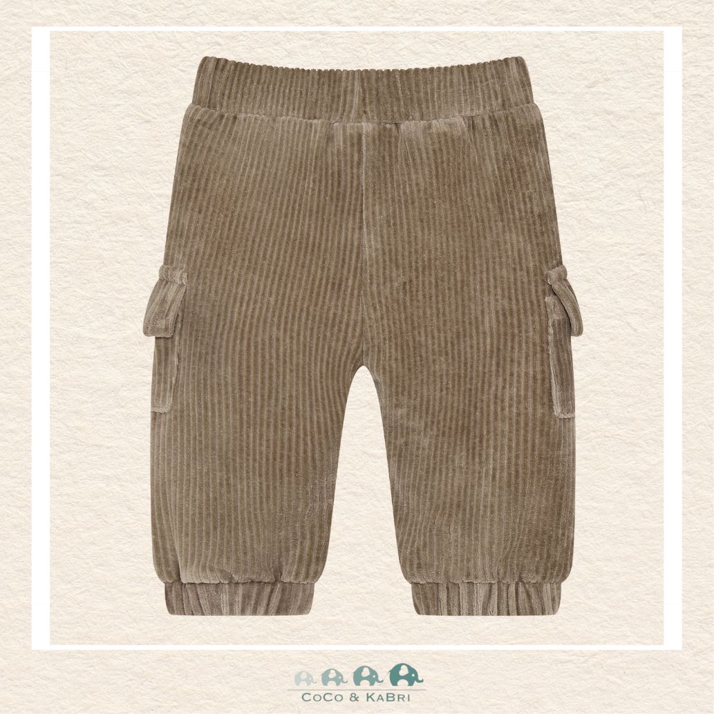 Back view of the baby cargo pants demonstrating the clean tailoring and the flexible, stay-put waistband for all-day comfort