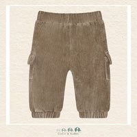 Back view of the baby cargo pants demonstrating the clean tailoring and the flexible, stay-put waistband for all-day comfort