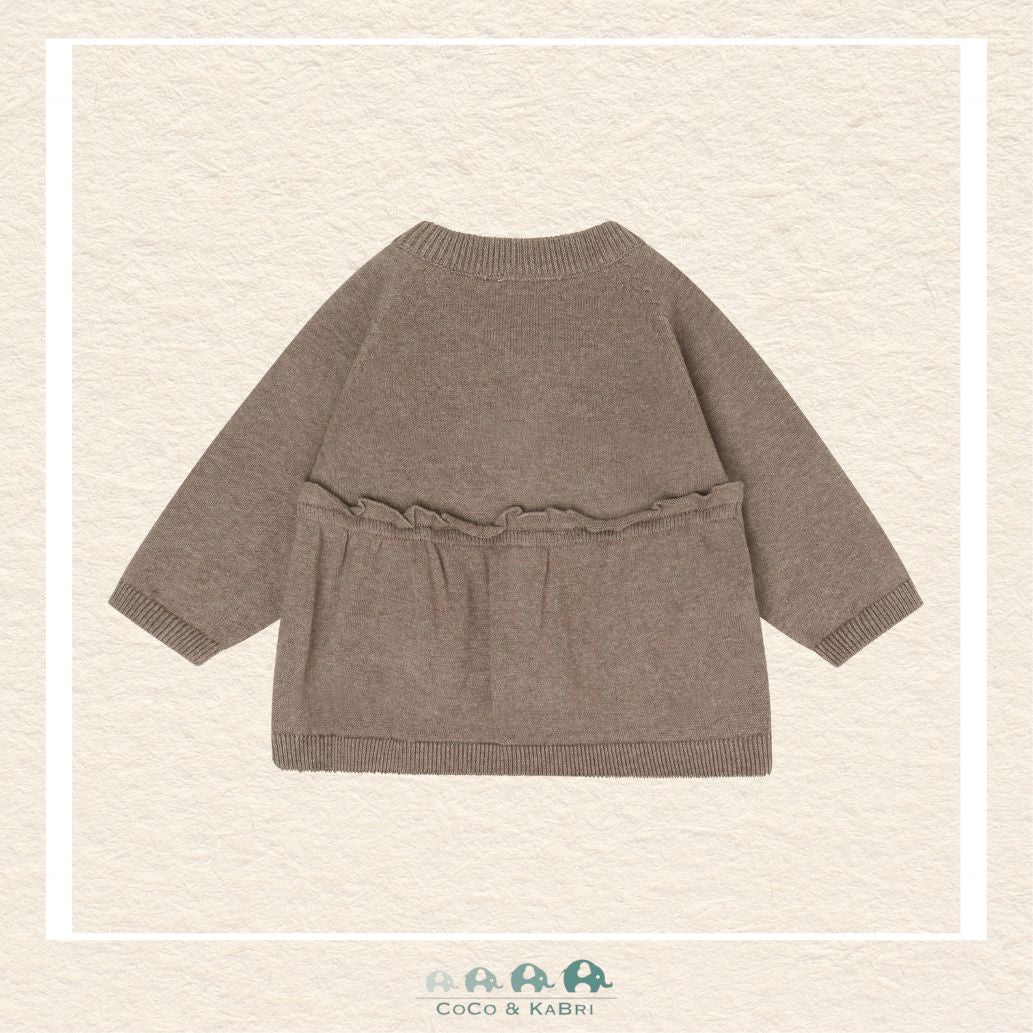 Back view of the Minymo Baby Girl Dark Brown Knit Cardigan showing the continuous heart knit pattern and the soft, seamless finish of the cotton-blend fabric
