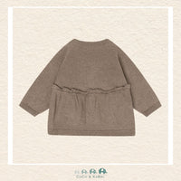 Back view of the Minymo Baby Girl Dark Brown Knit Cardigan showing the continuous heart knit pattern and the soft, seamless finish of the cotton-blend fabric