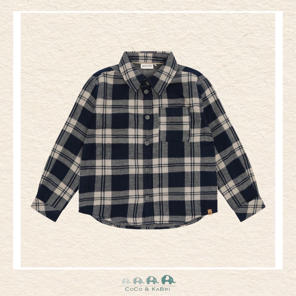 Front view of the Minymo Boys Long Sleeve Shirt in Dark Sapphire featuring a classic navy and white checkered pattern and a soft 100% cotton knit texture