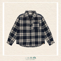 Front view of the Minymo Boys Long Sleeve Shirt in Dark Sapphire featuring a classic navy and white checkered pattern and a soft 100% cotton knit texture