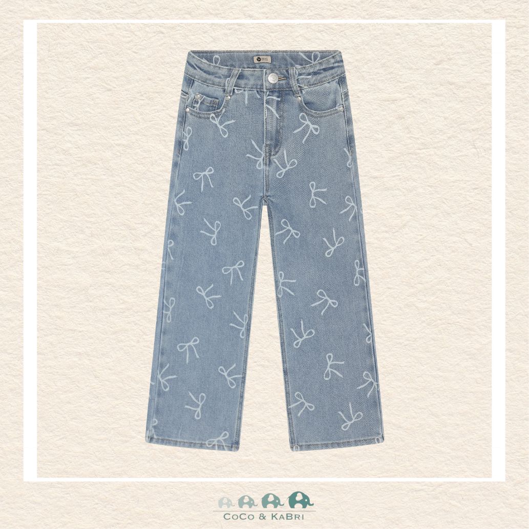 Front view of the Daily7 Girl's Wide Fit Denim Jeans featuring a trendy wide-leg silhouette and charming bow design details