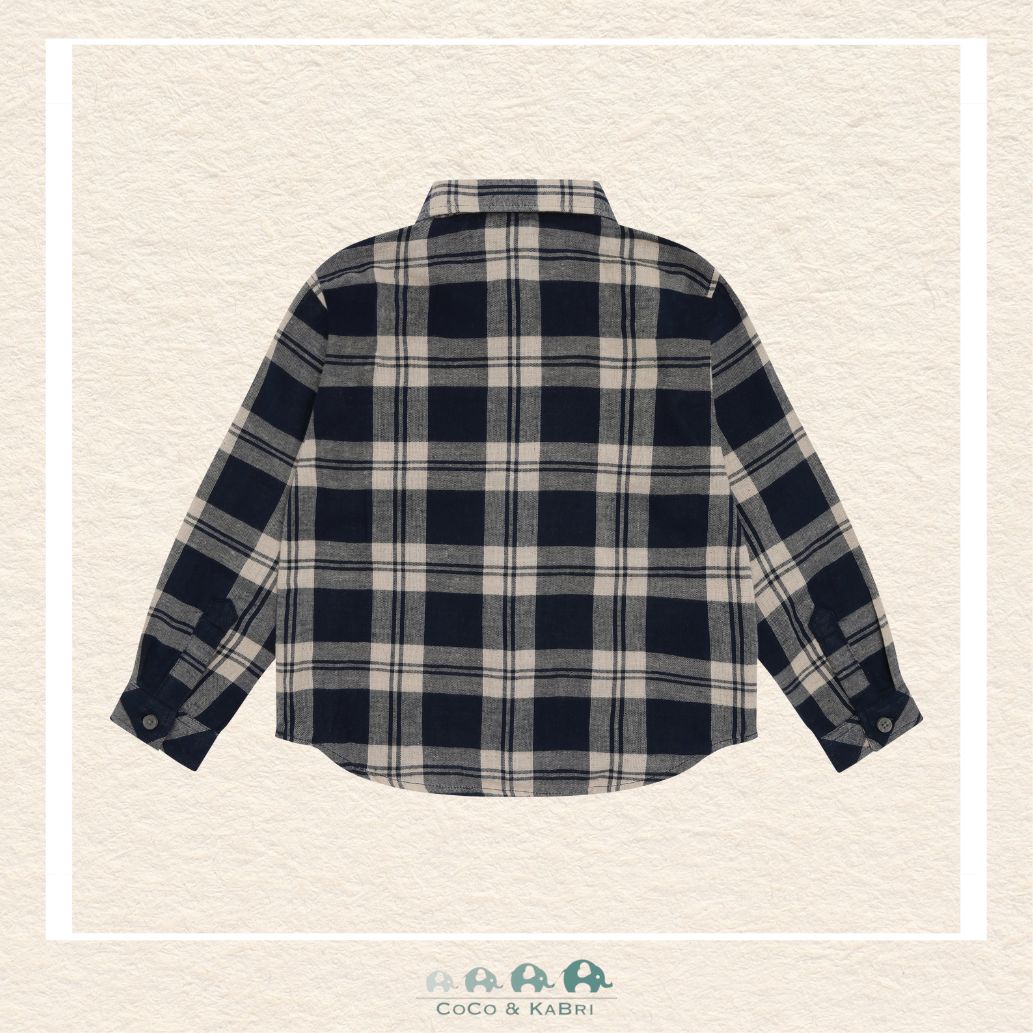 Back view of the Minymo Boys Checkered Shirt showing the seamless navy plaid pattern and a comfortable, relaxed fit across the back and shoulders