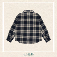 Back view of the Minymo Boys Checkered Shirt showing the seamless navy plaid pattern and a comfortable, relaxed fit across the back and shoulders