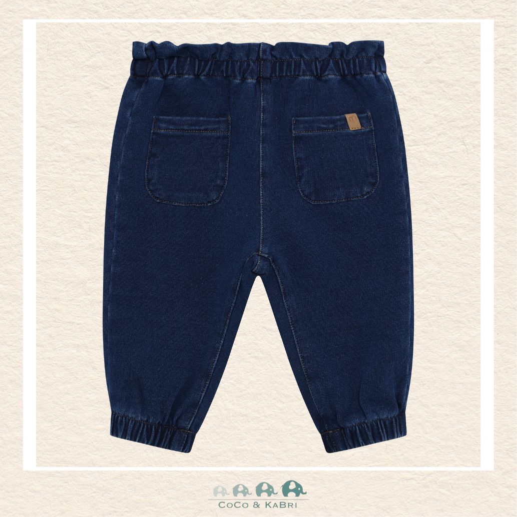 Back view of the Minymo Dark Sapphire Sweat Denim showing the clean, streamlined silhouette and the durable knit construction tailored for infants and toddlers