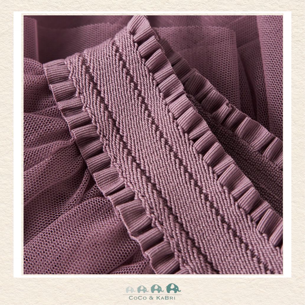 Detailed close-up of the purple tulle fabric highlighting the delicate mesh weave and the soft, opaque inner lining for all-day comfort