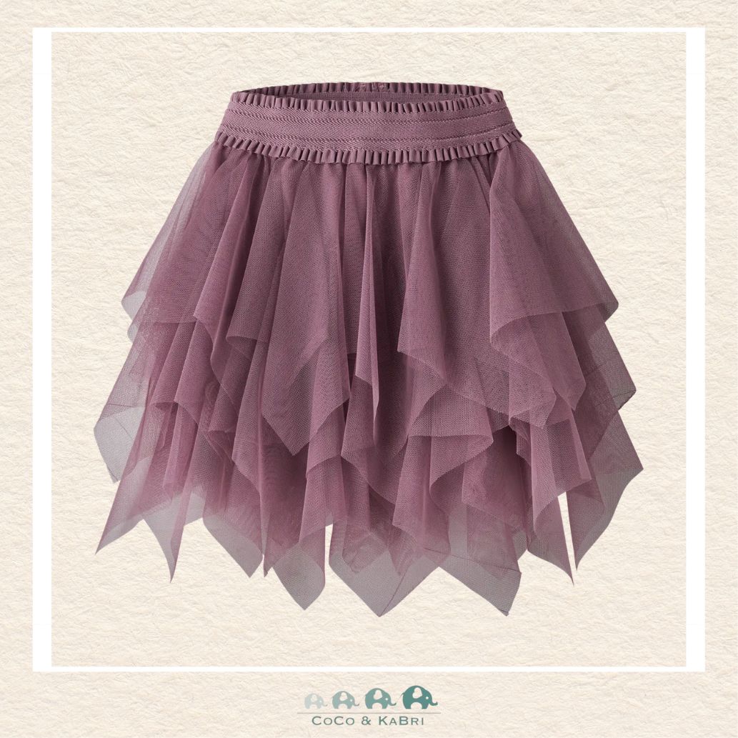 Front view of the Name It Girls' Purple Tulle Skirt featuring voluminous layers of soft mesh and a comfortable glitter-accented elastic waistband