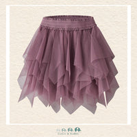Front view of the Name It Girls' Purple Tulle Skirt featuring voluminous layers of soft mesh and a comfortable glitter-accented elastic waistband
