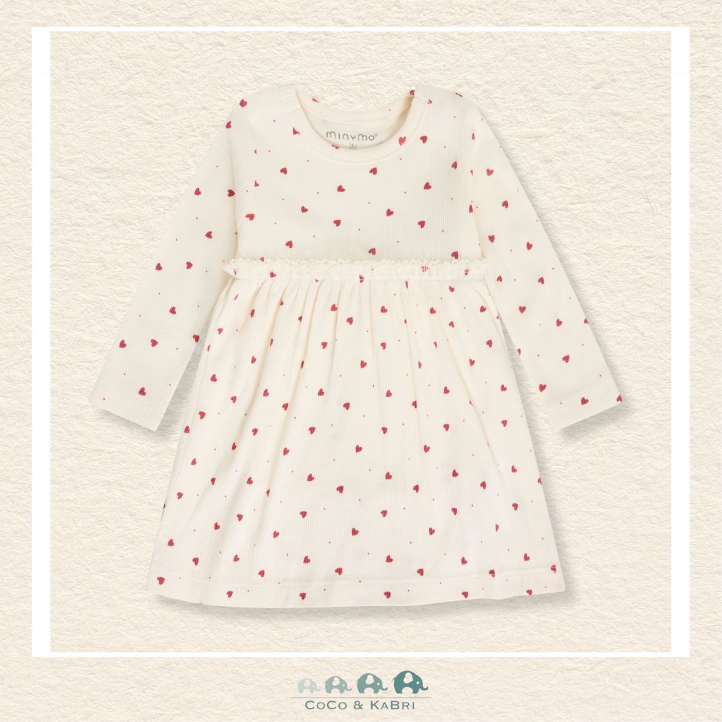 Front view of the Minymo Baby Girl Heart Dress featuring a charming heart-themed print and a comfortable, silky-soft knit silhouette
