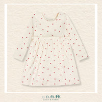 Front view of the Minymo Baby Girl Heart Dress featuring a charming heart-themed print and a comfortable, silky-soft knit silhouette