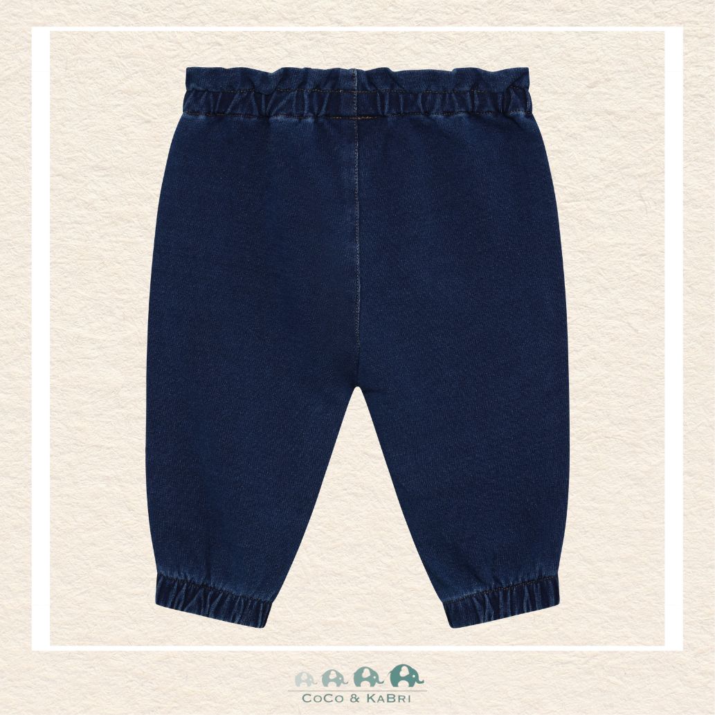 Front view of the Minymo Unisex Baby Sweat Denim in Dark Sapphire featuring a classic navy wash, soft elasticized waistband, and a flexible cotton-stretch fit