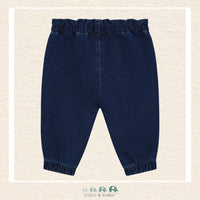 Front view of the Minymo Unisex Baby Sweat Denim in Dark Sapphire featuring a classic navy wash, soft elasticized waistband, and a flexible cotton-stretch fit