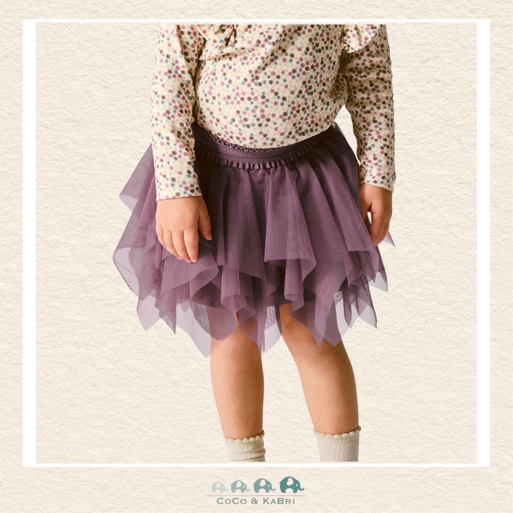 Front view of the Name It Girls' Purple Tulle Skirt featuring voluminous layers of soft mesh and a comfortable glitter-accented elastic waistband