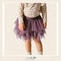 Front view of the Name It Girls' Purple Tulle Skirt featuring voluminous layers of soft mesh and a comfortable glitter-accented elastic waistband