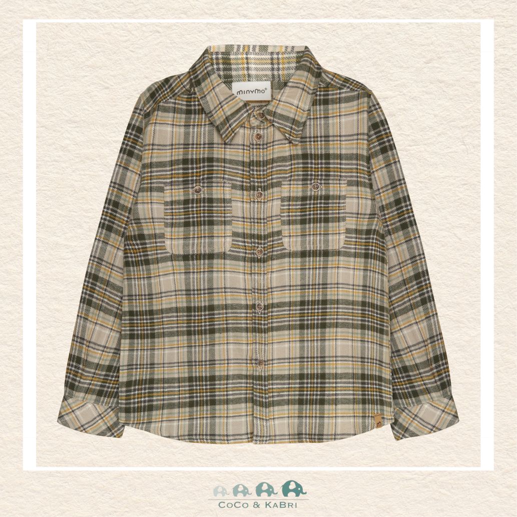 Front view of the Minymo Boys Button-Up Checkered Shirt in Feather Gray and white plaid featuring a structured collar, full button placket, and a classic tailored fit