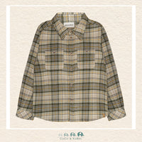 Front view of the Minymo Boys Button-Up Checkered Shirt in Feather Gray and white plaid featuring a structured collar, full button placket, and a classic tailored fit