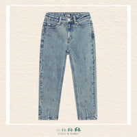 Front view of the Daily7 Girl's Mom Fit Denim Jeans featuring a relaxed tapered leg and charming heart embroidery details