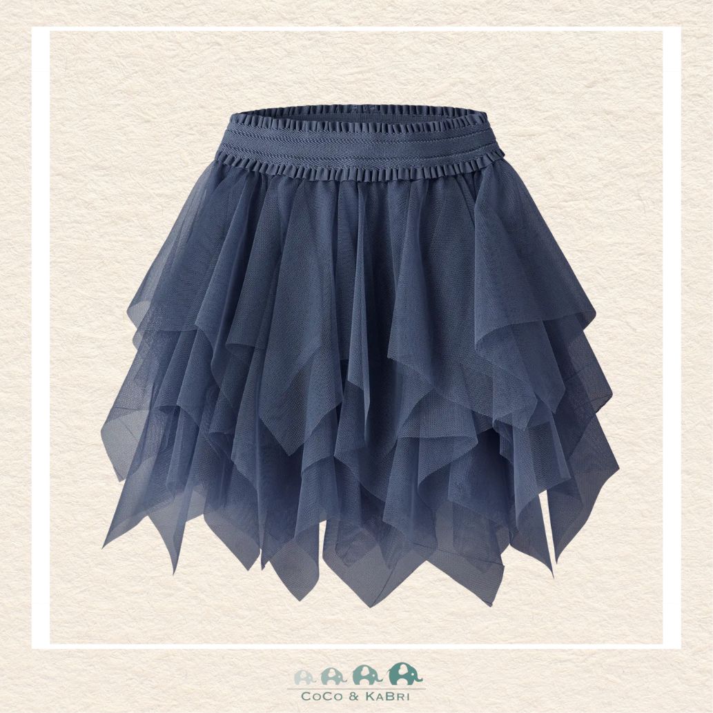 Front view of the Name It Girls' Blue Tulle Skirt featuring layers of soft, ethereal mesh and a comfortable shimmering elastic waistband