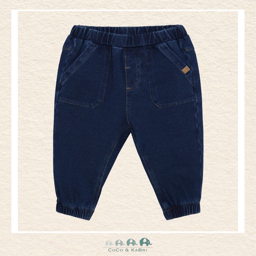 Front view of the Minymo Baby Boys Sweat Denim Pants featuring a classic indigo look with a soft elasticized waistband and a flexible cotton-stretch fit