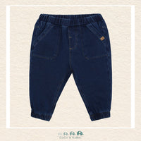 Front view of the Minymo Baby Boys Sweat Denim Pants featuring a classic indigo look with a soft elasticized waistband and a flexible cotton-stretch fit