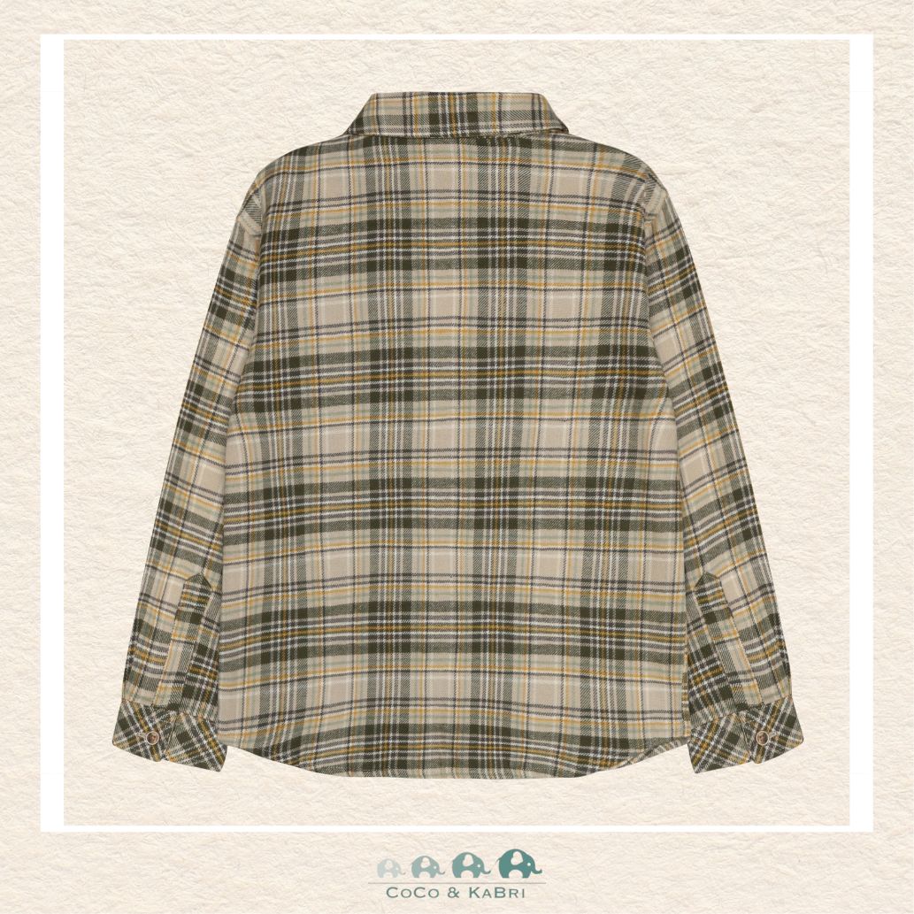 Back view of the Minymo Boys Checkered Shirt showing the clean horizontal yoke and consistent Feather Gray plaid pattern across the soft woven cotton fabric