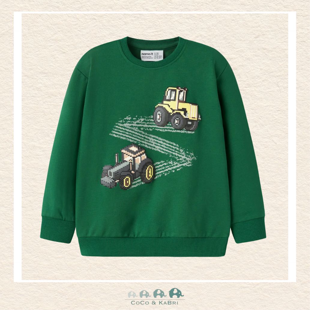 Alt Text - Front ViewFront view of the Name It Boys' Green Sweater featuring a playful tractor graphic and a comfortable ribbed crew neckline