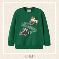Alt Text - Front ViewFront view of the Name It Boys' Green Sweater featuring a playful tractor graphic and a comfortable ribbed crew neckline