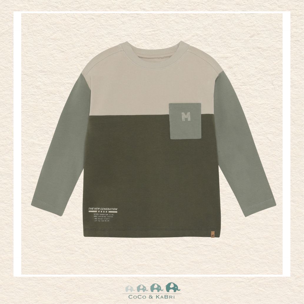 Front view of the Minymo Boys Long Sleeve Green Shirt featuring a clean crew neck design and a soft, premium cotton-stretch knit fabric