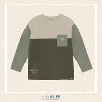 Front view of the Minymo Boys Long Sleeve Green Shirt featuring a clean crew neck design and a soft, premium cotton-stretch knit fabric