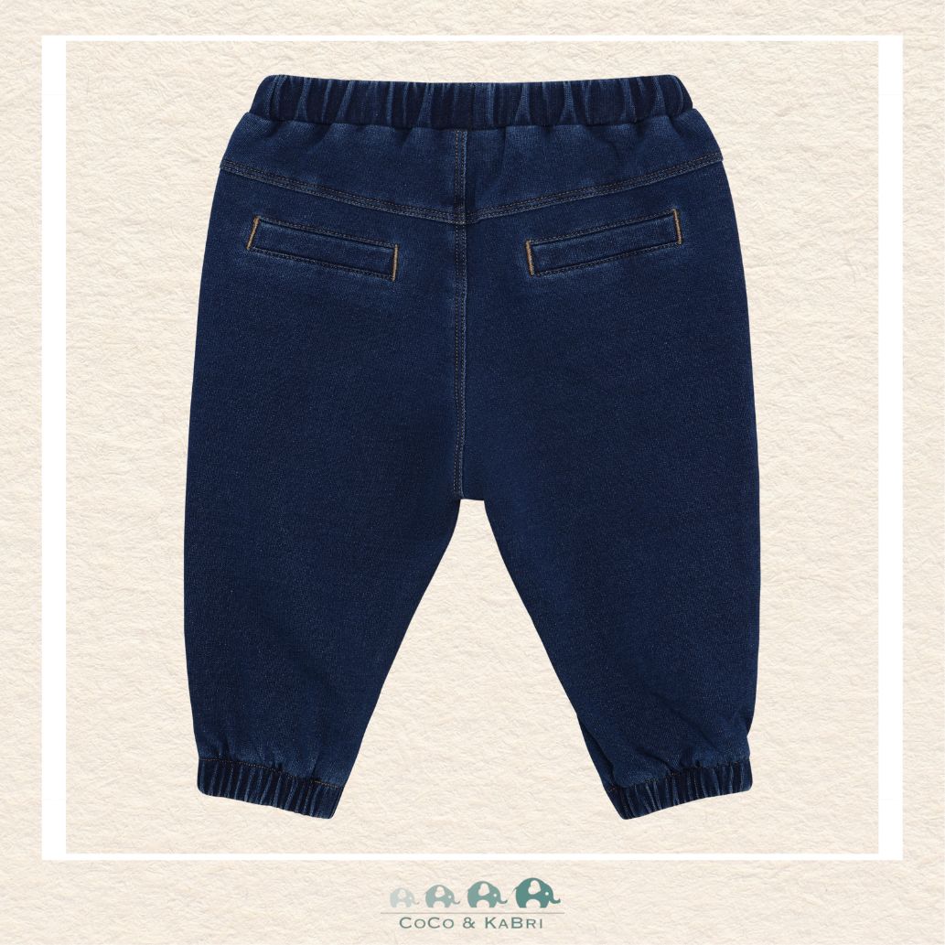 Back view of the Minymo Baby Sweat Denim showing the smooth, comfortable silhouette and the durable knit construction designed for active infants and toddlers