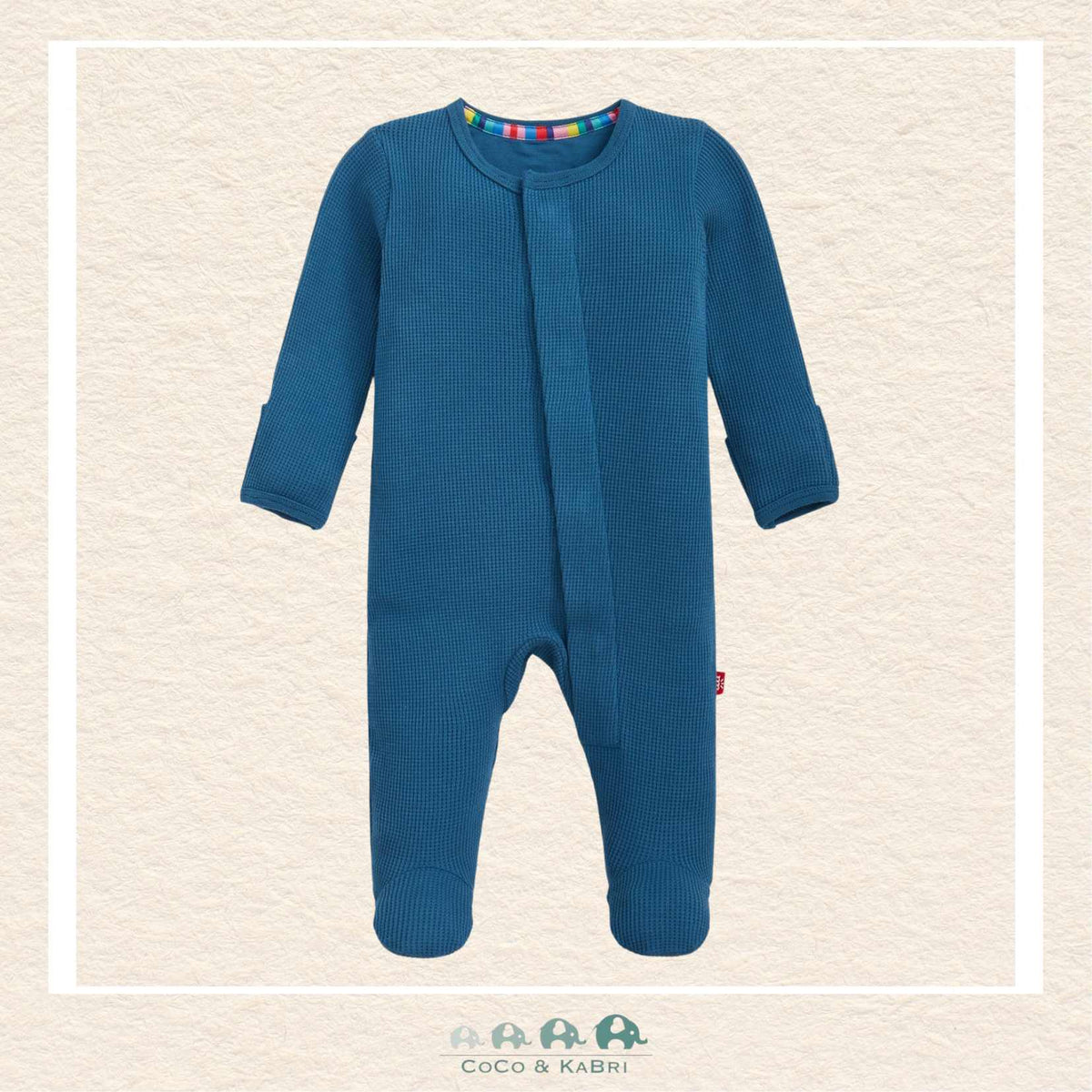 Front view of Magnetic Me baby dark blue footie featuring a waffle knit texture and hidden SewSafe™ magnets for quick changes | Canada