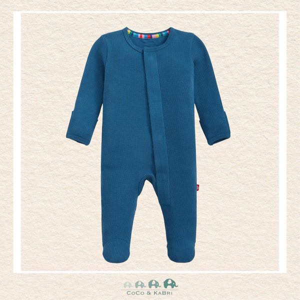 Front view of Magnetic Me baby dark blue footie featuring a waffle knit texture and hidden SewSafe™ magnets for quick changes | Canada