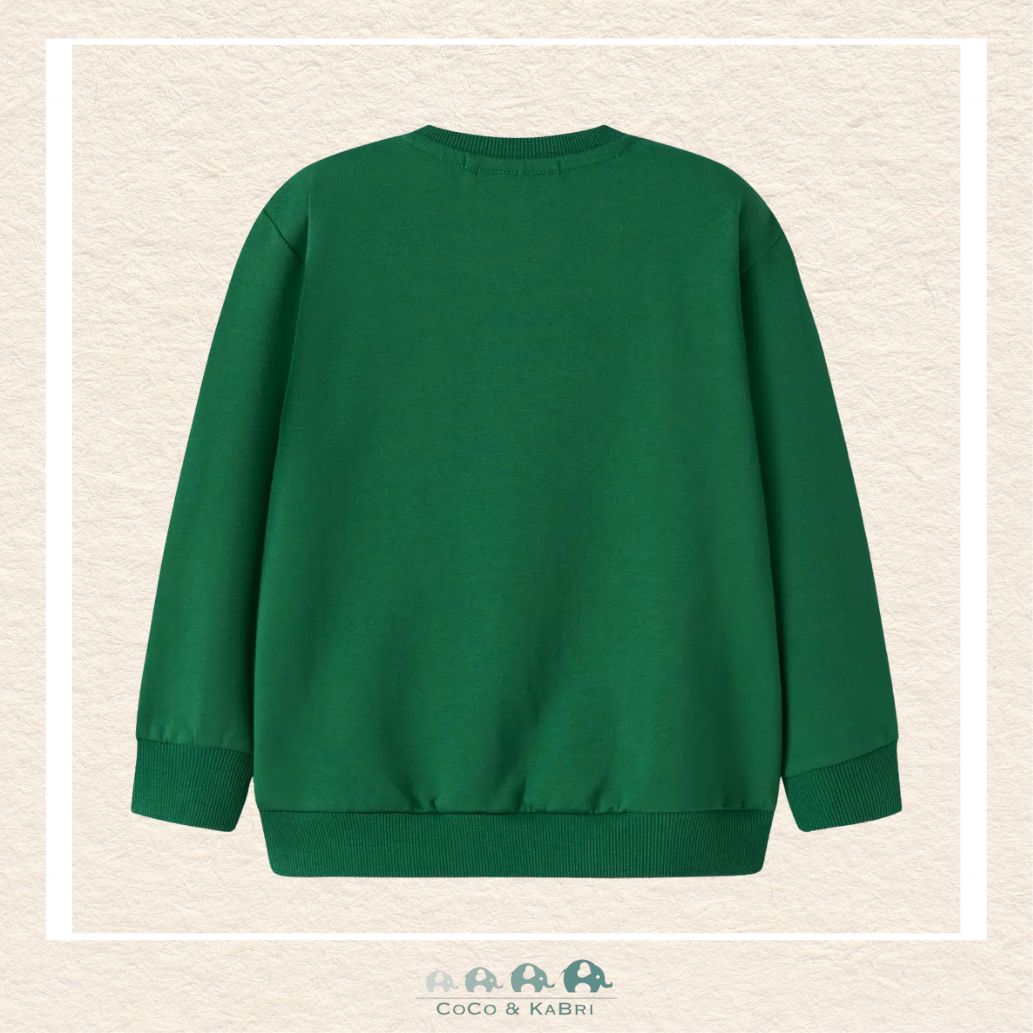 Back view of the green tractor sweater showcasing the durable knit construction and the soft, flexible fit through the shoulders