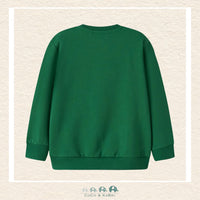 Back view of the green tractor sweater showcasing the durable knit construction and the soft, flexible fit through the shoulders