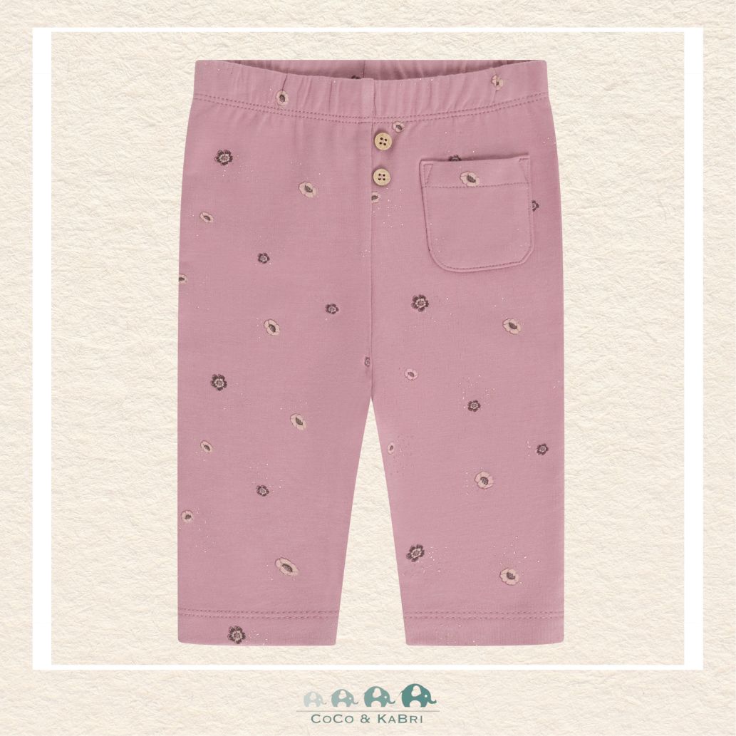 Front view of the Minymo Baby Girl Floral Sweat Pants featuring a soft botanical print and a comfortable elastic waistband for an easy fit