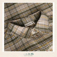 Close-up detail of the Minymo Feather Gray shirt highlighting the high-quality 100% cotton woven texture, precise checkered pattern, and durable button stitching